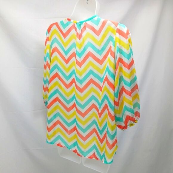 Poelle Du Jour Sheer Chevron Patterned Women's Top Blouse Large Vibrant Colors.. - Picture 6 of 10